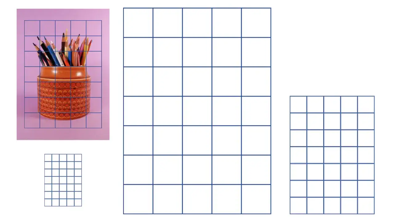 Dibujos en cuadricula: un tarro con l&aacute;pices de colores y varias cuadr&iacute;culas vac&iacute;as de diferentes tama&ntilde;os.