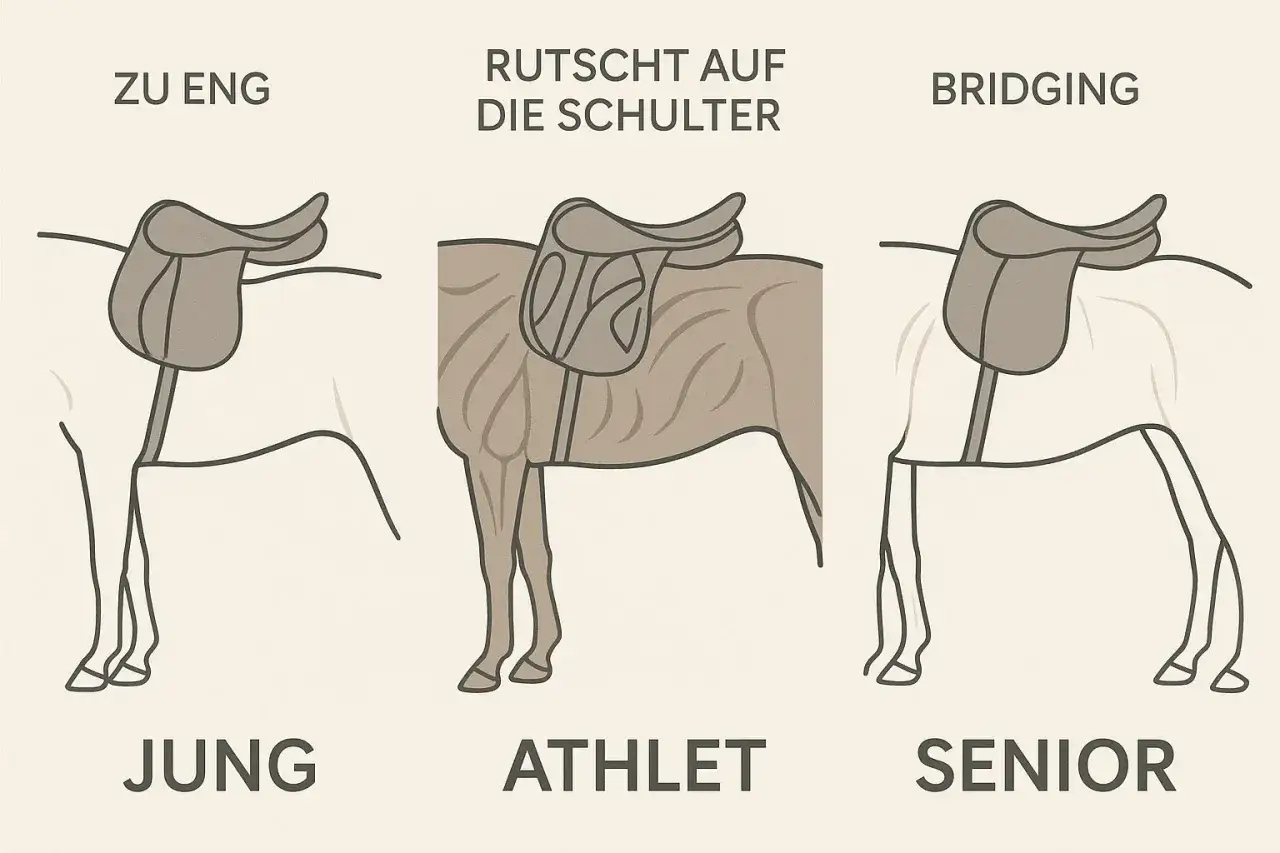 Illustration zeigt, wie ein Sattler einen Sattel anpasst: zu eng, rutscht auf die Schulter oder Bridging.