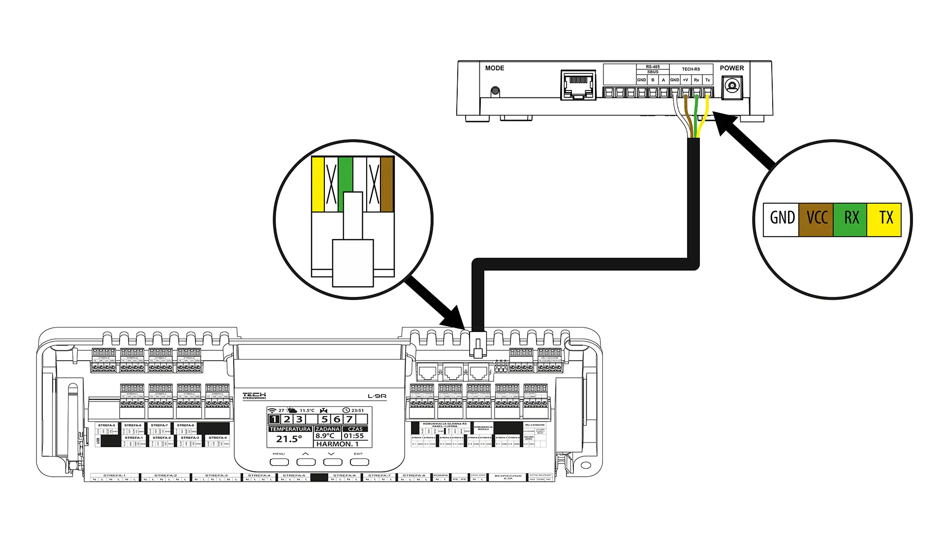 Schemat instalacji tech sterowniki. Pokazuje podłączenie przewodów GND, VCC, RX, TX do modułu L-9R i jednostki nadrzędnej.