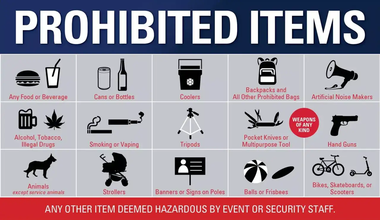 List of prohibited items for lost lands: food, drinks, cans, bottles, coolers, backpacks, noise makers, alcohol, tobacco, illegal drugs, smoking, vaping, tripods, knives, guns, animals, strollers, banners, balls, frisbees, bikes, skateboards, scooters.