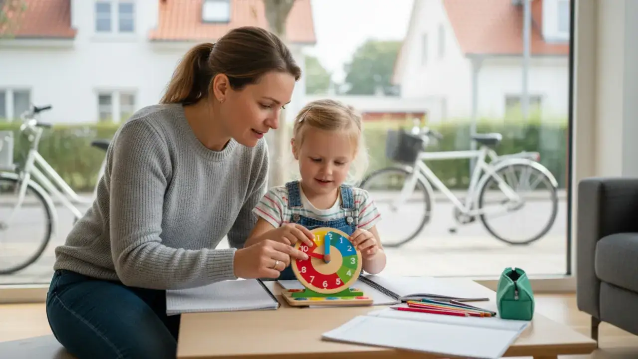 Mutter zeigt Kind, wann lernen Kinder die Uhr mit einem bunten Holzspielzeug.