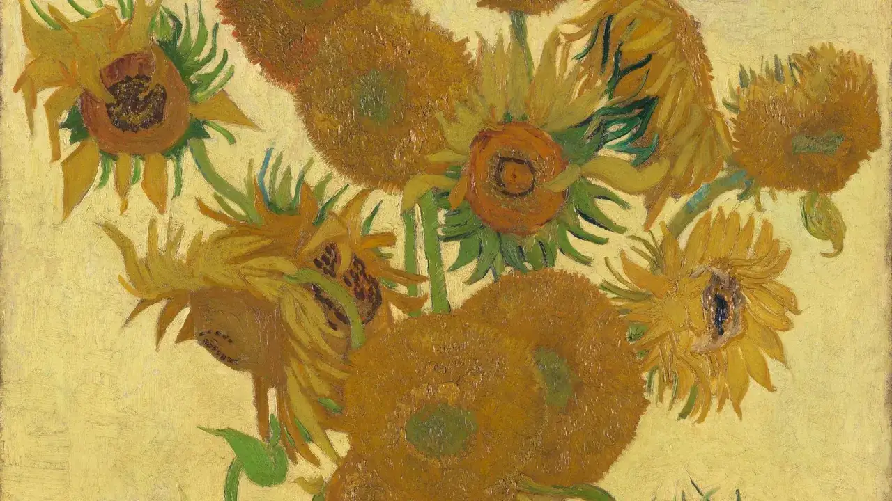 Un ramo de girasoles vibrantes, pintados con la técnica distintiva de Van Gogh, irradia calidez sobre un fondo amarillo pálido.