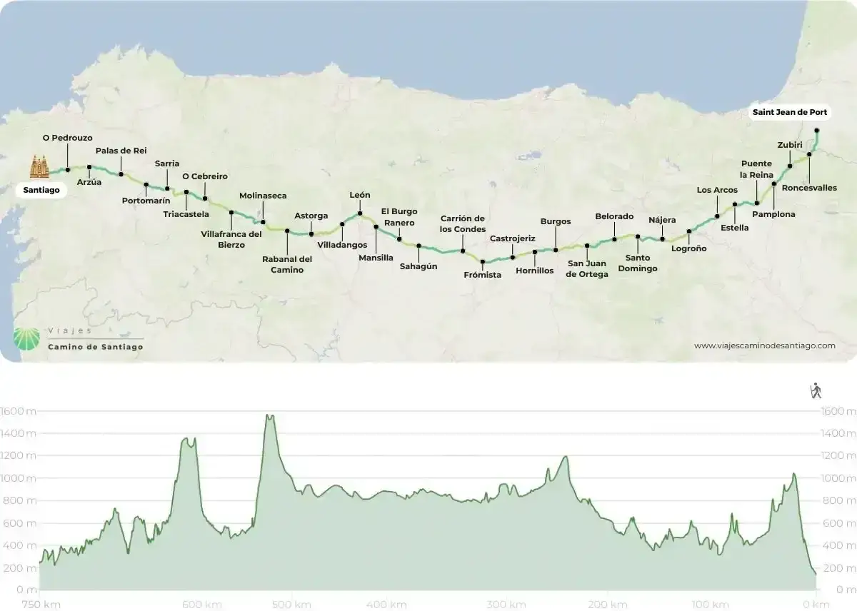 Mapa del Camino Francés con sus etapas y perfil de altitud. Muestra el recorrido desde Saint Jean de Port hasta Santiago, con ciudades clave como León, Burgos y Logroño.