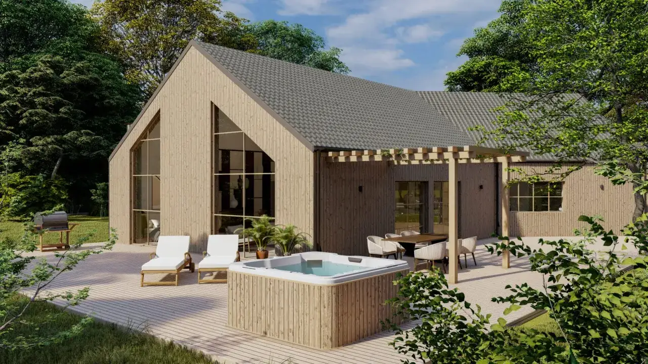Ett modernt tr&auml;hus med stor altan, bubbelpool och pergola. Perfekt f&ouml;r avkoppling. Bygglov altan med tak kan vara aktuellt f&ouml;r liknande projekt.