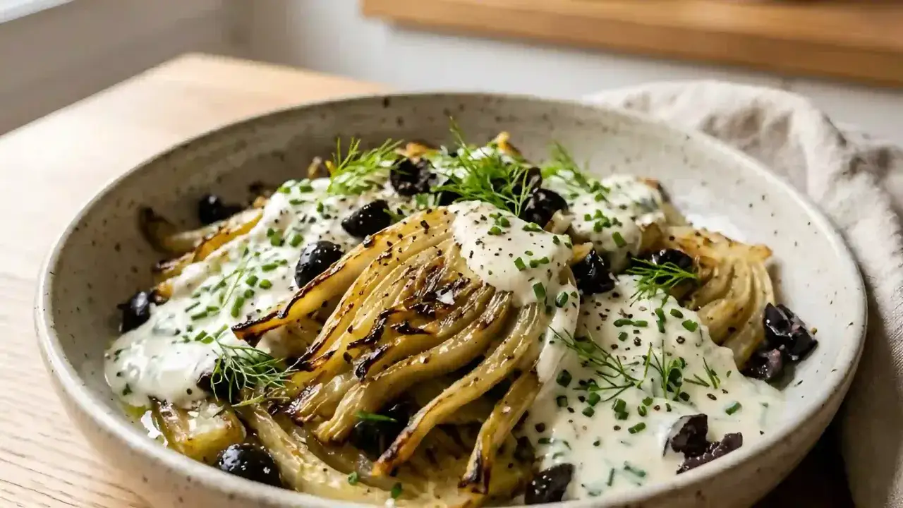Délicieux fenouil rôti, nappé d'une sauce crémeuse, parsemé d'olives noires et d'herbes fraîches. Une recette fenouil qui éveille les papilles.