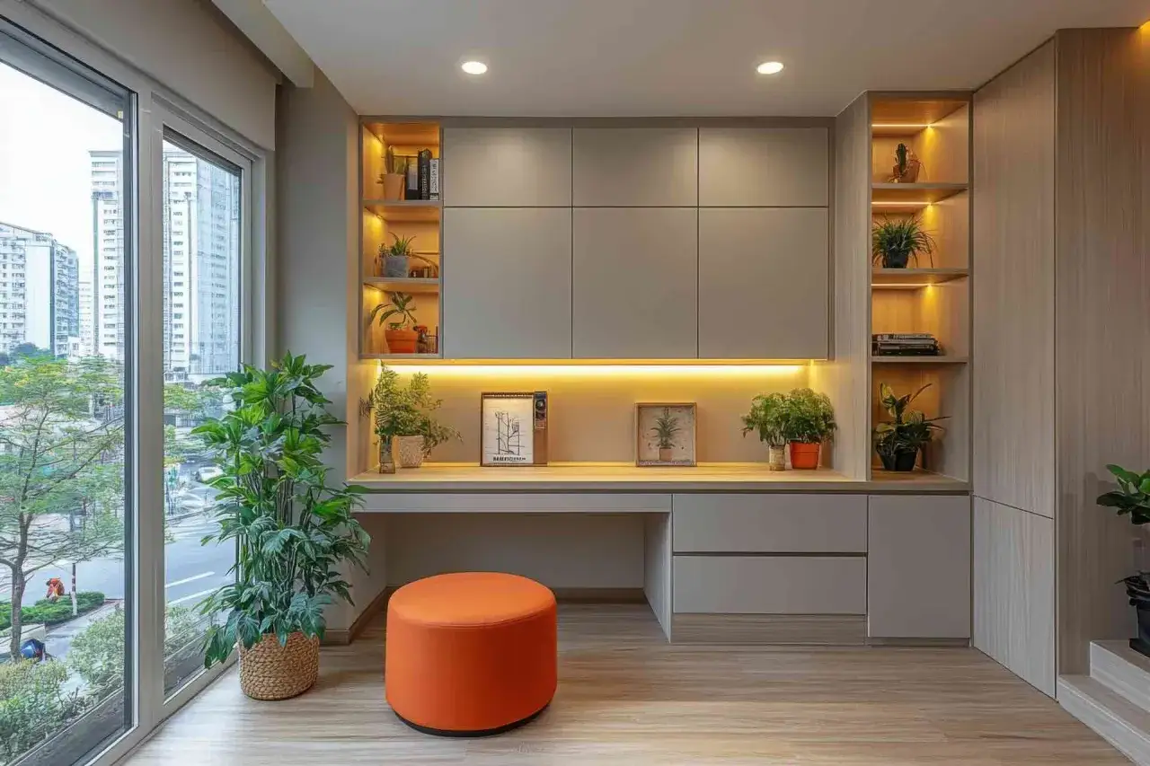 Scrivania con **design modulare** e illuminazione integrata, piante verdi e pouf arancione.