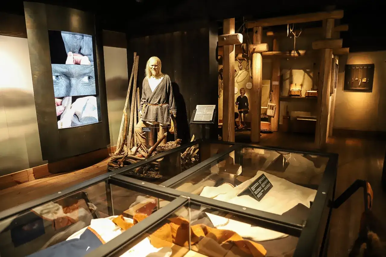 Vikingamuseum i Stockholm visar en vikingastaty, en sk&auml;rm med n&auml;rbilder p&aring; ansikten och en rekonstruktion av en vikingaby.
