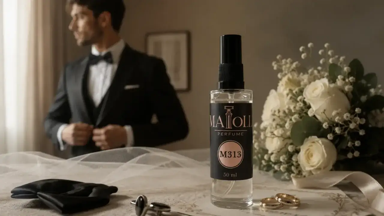Elegancki mężczyzna w garniturze, bukiet białych róż i buteleczka perfum – symbol ponadczasowe perfumy męskie.