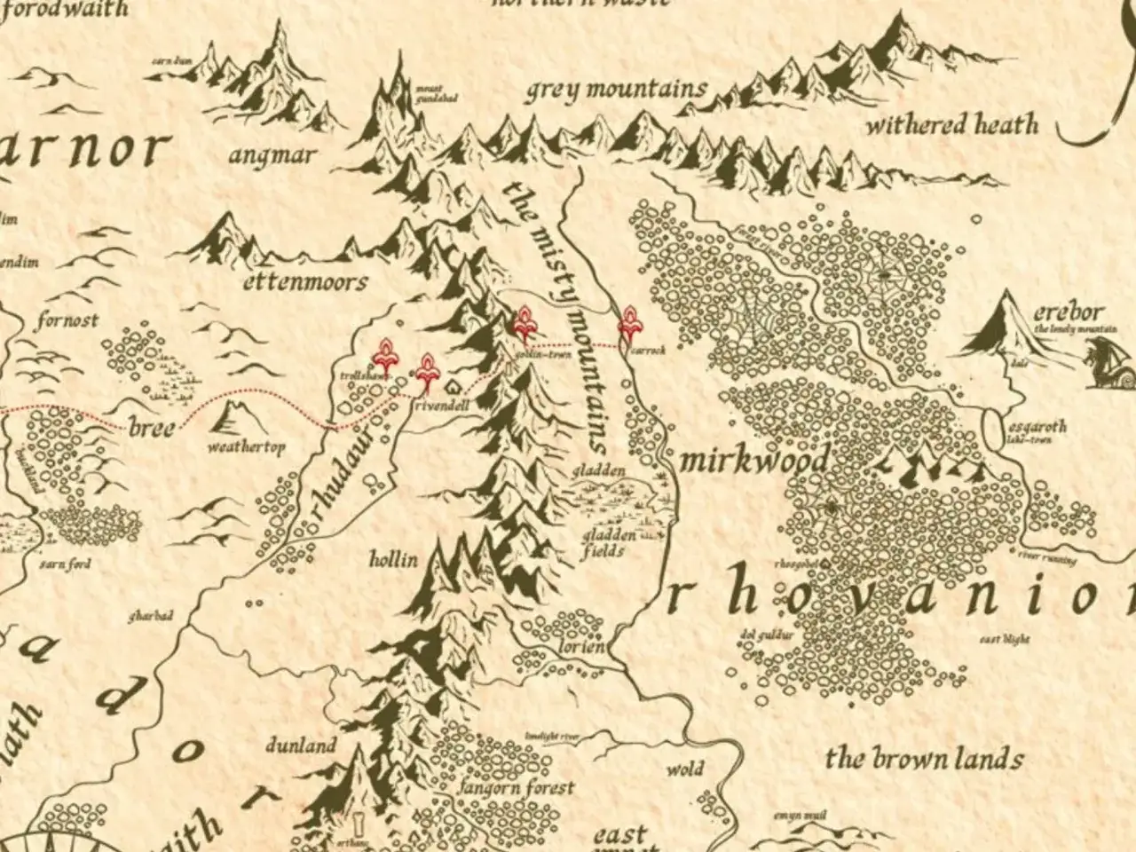 Mapa Śr&oacute;dziemia z podr&oacute;ży Bilba. Szczeg&oacute;łowe streszczenie Hobbita obejmuje podr&oacute;ż przez G&oacute;ry Mgliste, Mroczną Puszczę i Erebor.