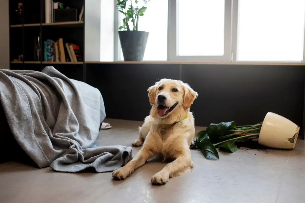 Golden Retriever niszczy meble znudzony pies