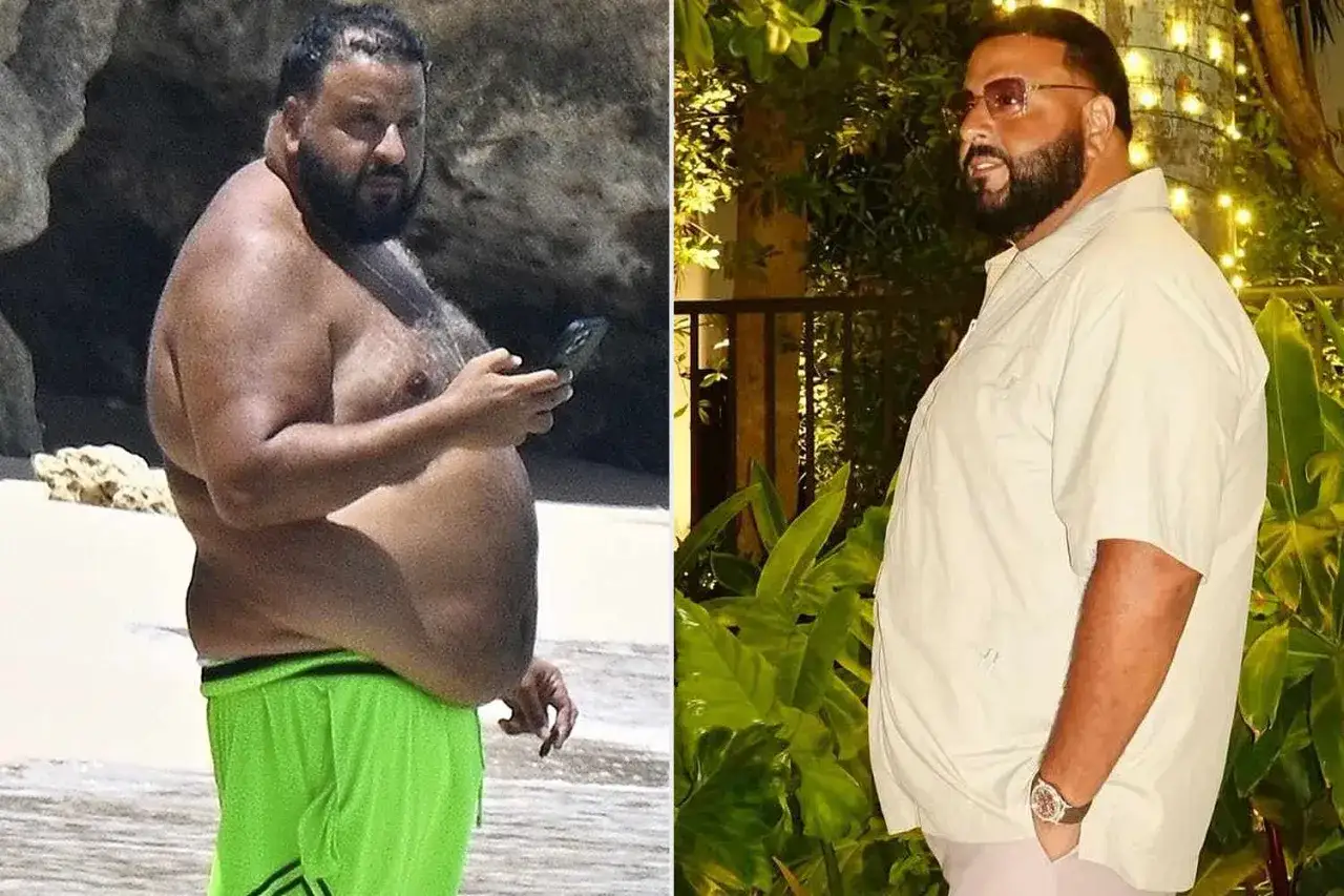 DJ Khaled na plaży w zielonych spodenkach i później w koszuli. Jego big boy waga jest widoczna na obu zdjęciach.