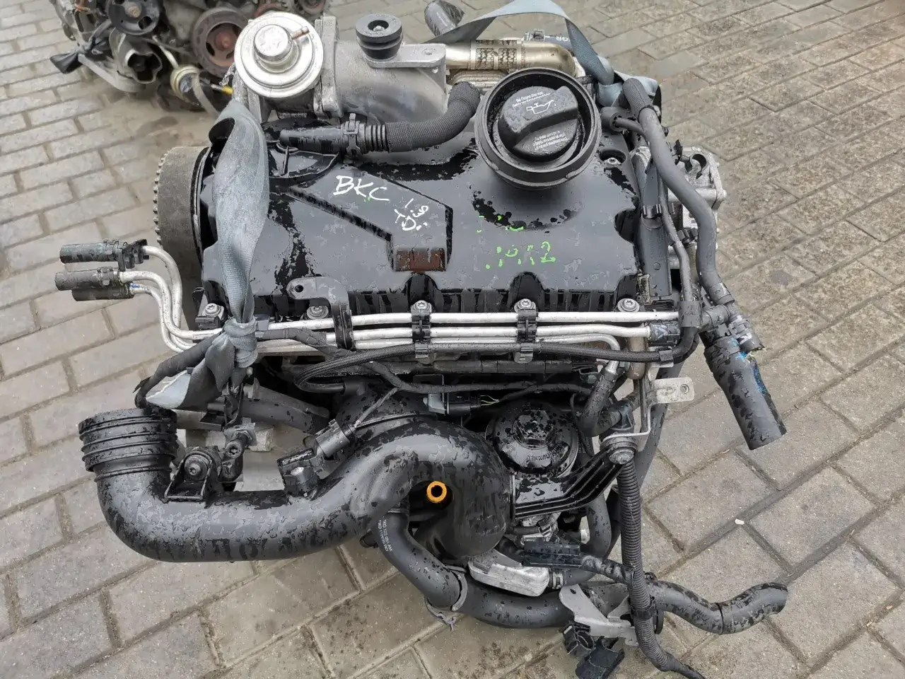 Silnik 1.9 TDI BKC, gotowy do montażu. Widać oznaczenia i elementy układu dolotowego.