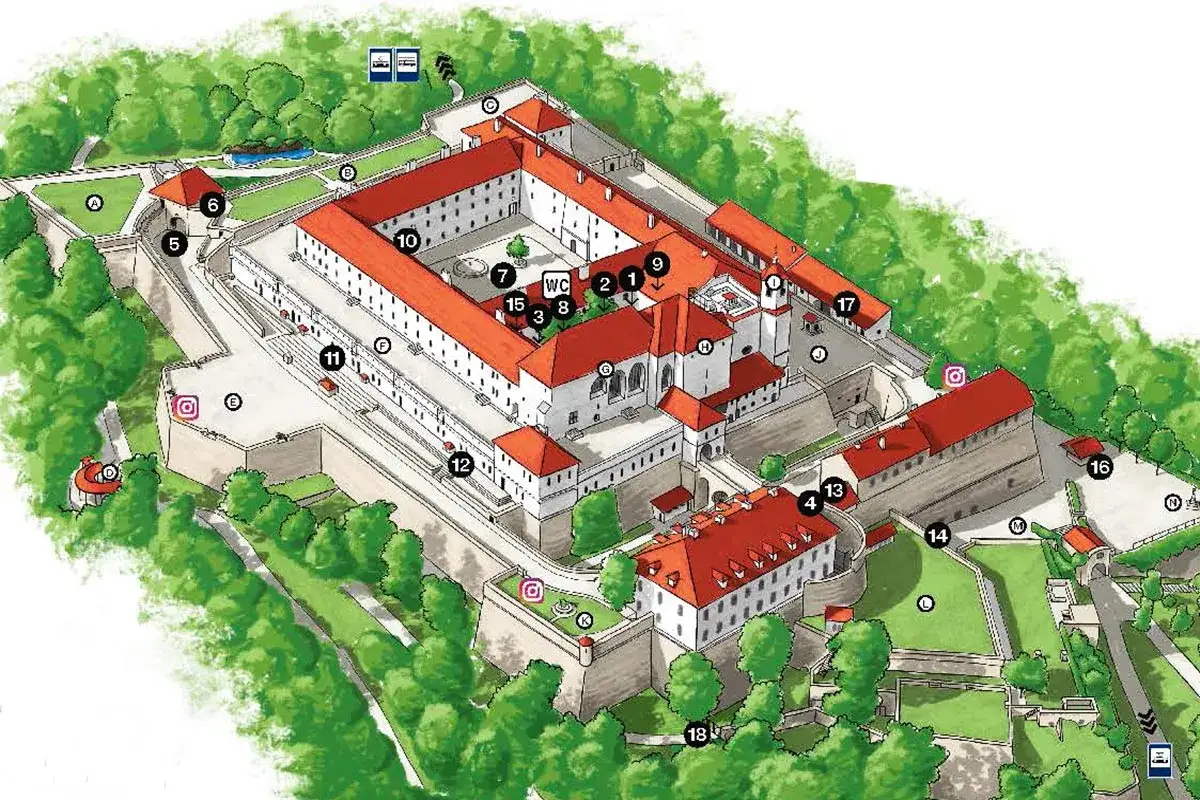 Ilustracja przedstawia **Brno zamek** – rozległy kompleks budynków z czerwonymi dachami, otoczony zielenią i murami obronnymi.