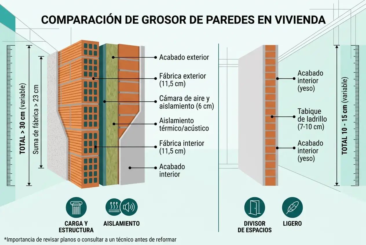 Comparación de tipos de tabiques interiores: uno grueso con aislamiento y otro ligero de ladrillo.