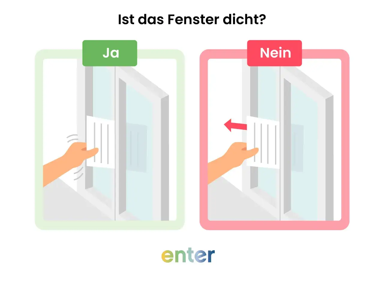 Zwei Illustrationen zeigen, wie man undichte Fenster testet. Links bewegt sich ein Blatt Papier leicht, rechts wird es vom Luftzug weggezogen.