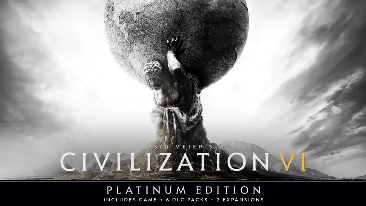 Atlas dźwigający świat na okładce gry Sid Meier's Civilization VI Platinum Edition, zawierającej dodatki.