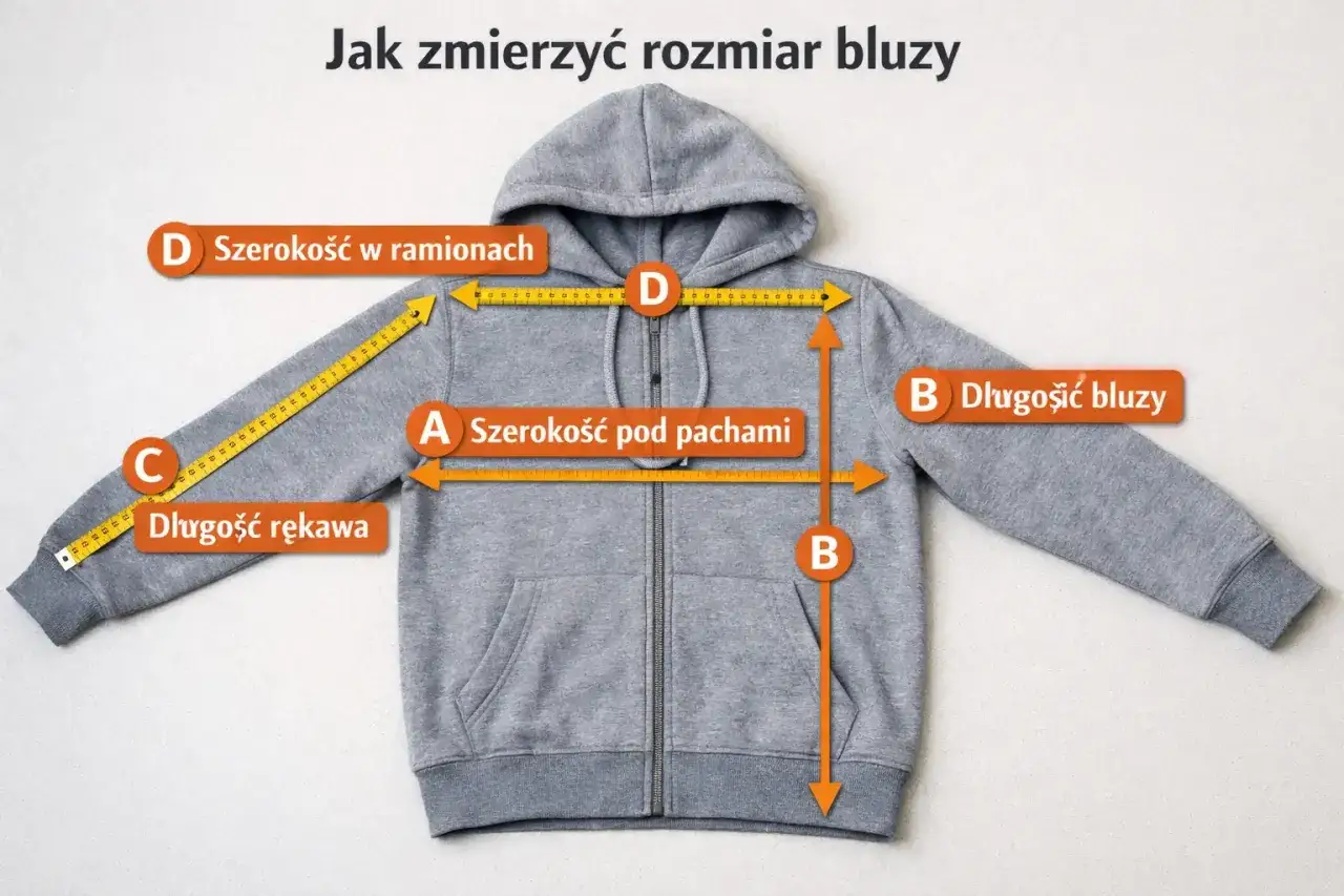 Szara bluza z kapturem. Wskazówki jak mierzyć: długość rękawa (C), szerokość pod pachami (A), szerokość w ramionach (D) i długość bluzy (B).