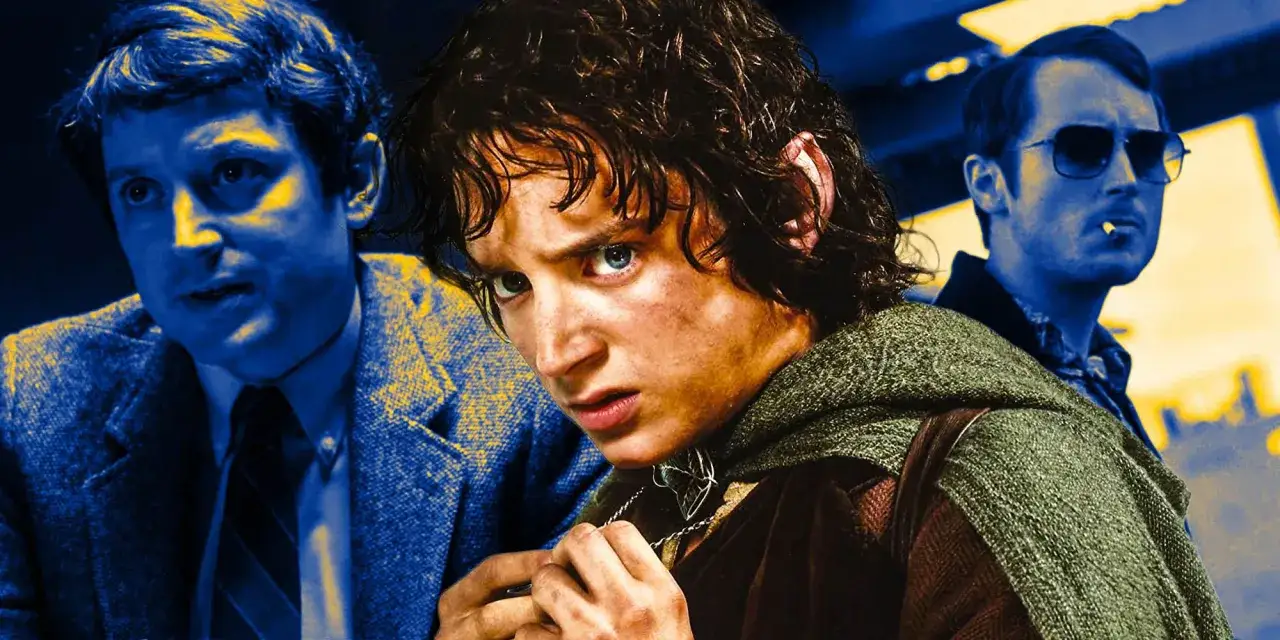 Elijah Wood i tre olika roller: som Frodo, en man i kostym och en med solglasögon och cigarett. En montage som visar bredden i hans filmer.