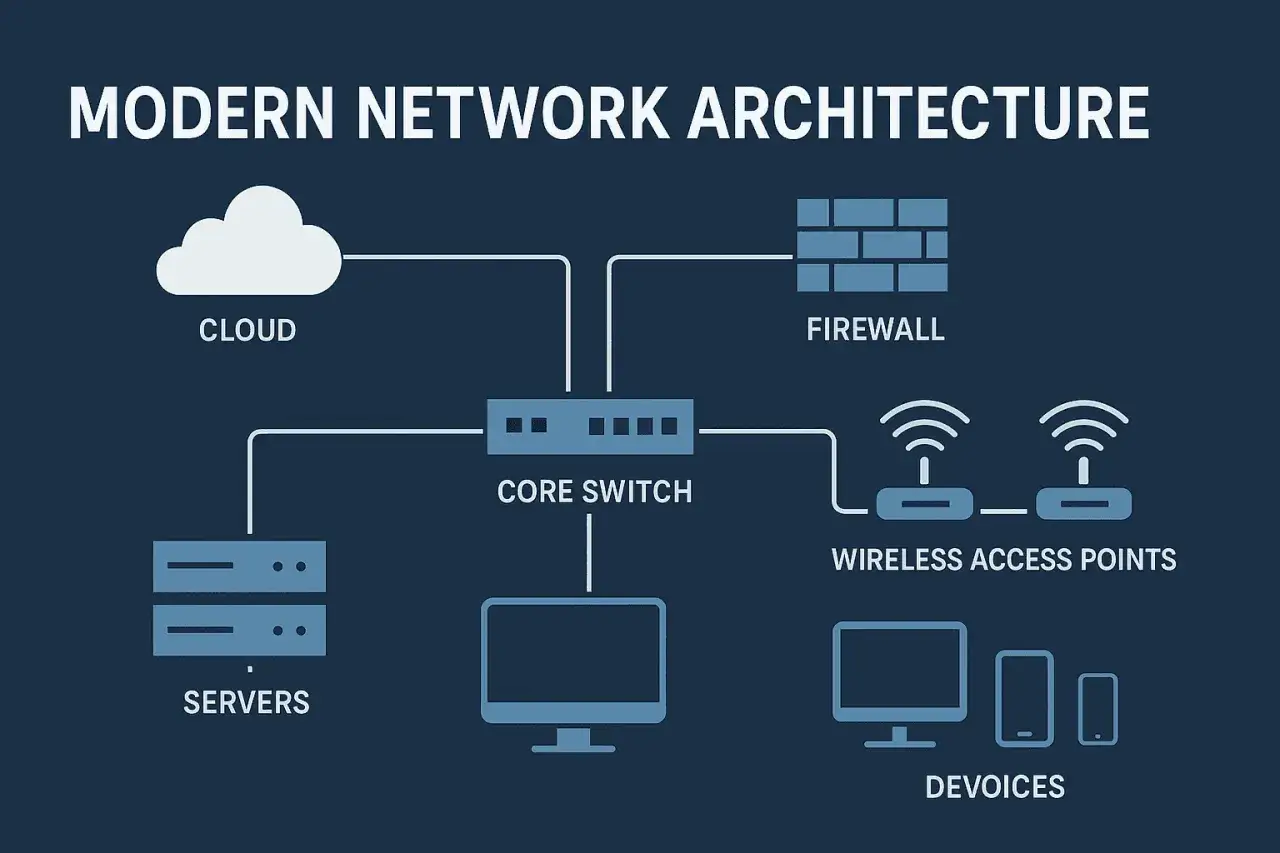 Diagram of a modern network architecture showing cloud, firewall, core switch, servers, wireless access points, and devices, illustrating network infrastructure support.