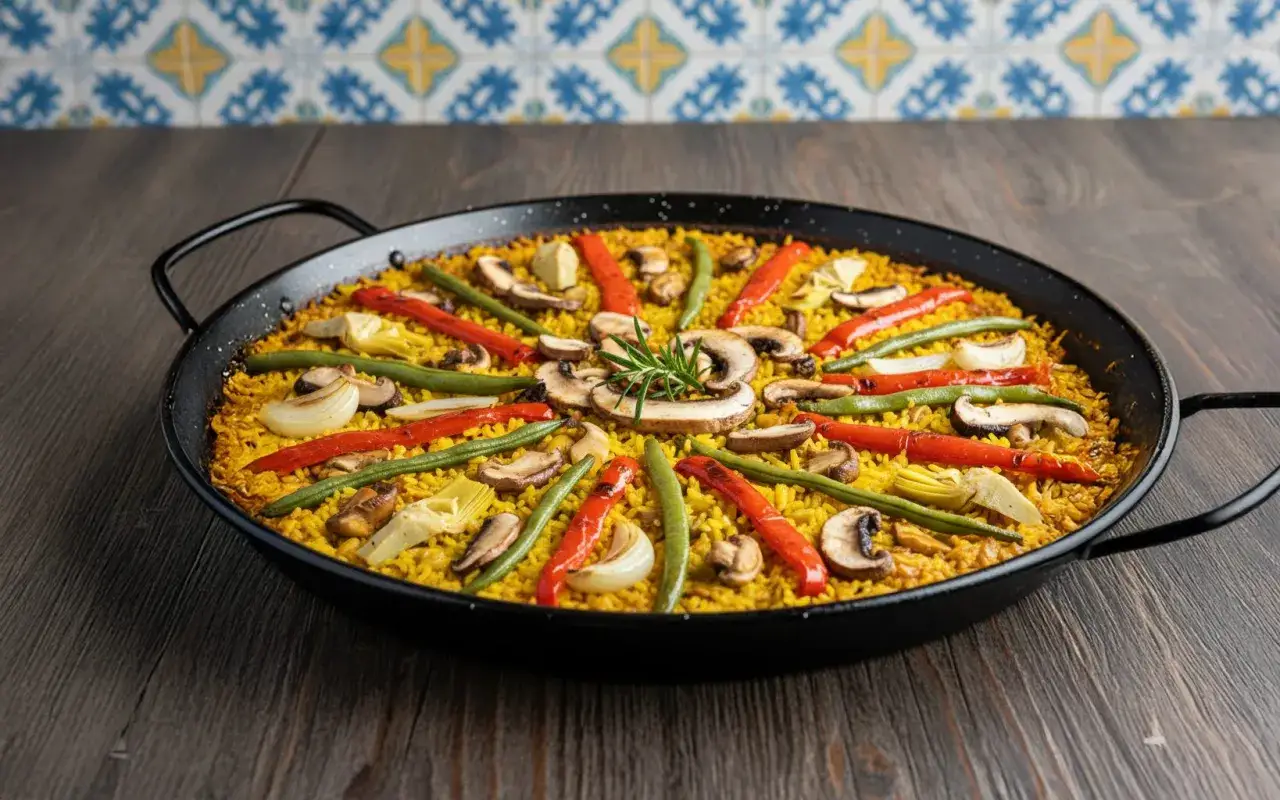 Paella de verduras vibrante con arroz amarillo, pimientos rojos, judías verdes, champiñones y alcachofas.