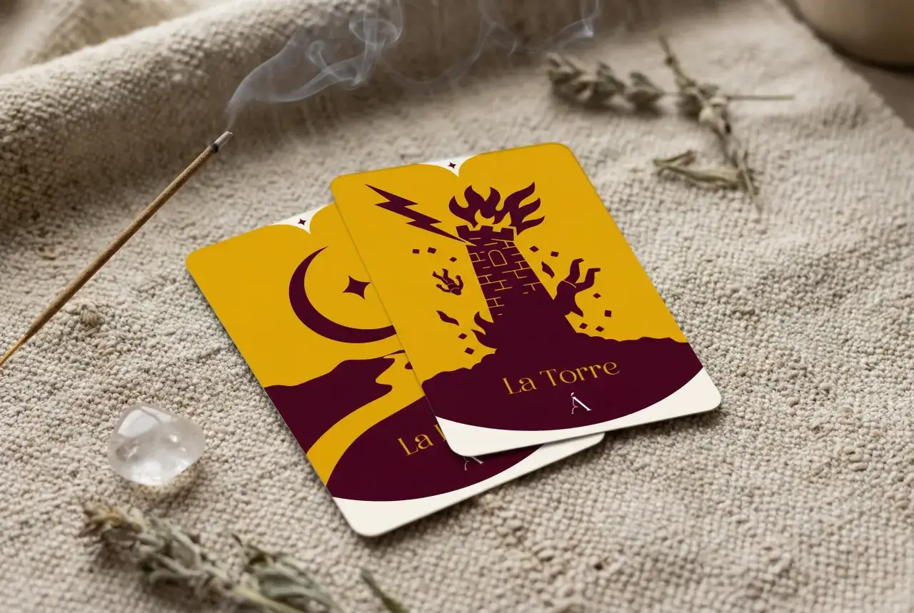 Dos cartas de tarot, una con la luna y otra con La Torre en llamas, junto a un incienso humeante y un cuarzo.