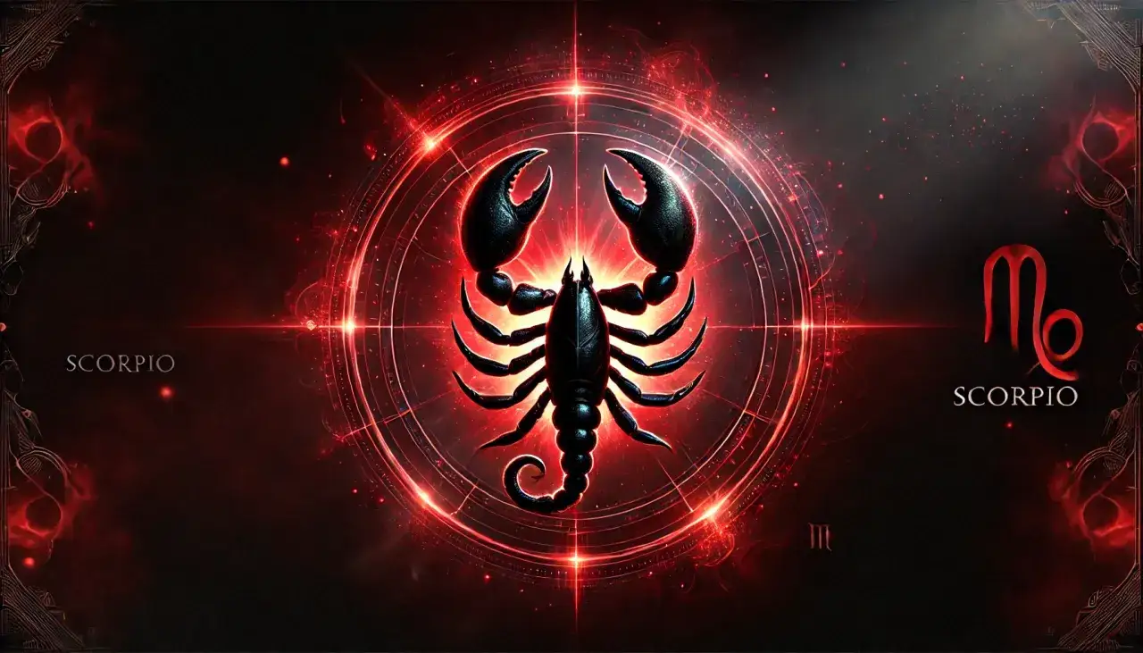 Mroczny, lśniący skorpion na tle kosmicznych, czerwonych błysków. Symbolizuje moc i tajemnicę, idealny dla osób z ascendentem w skorpionie.