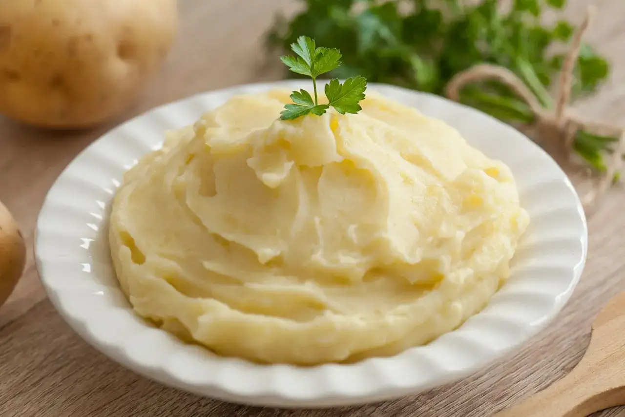 Un piatto di cremoso pure di patate, guarnito con un ciuffo di prezzemolo fresco. Sullo sfondo, patate crude e un mazzetto di erbe aromatiche.