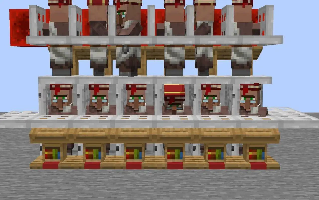 Wielopiętrowa farma wieśniaków z Minecrafta. W górnym rzędzie widać ich głowy, a poniżej każdy wieśniak ma swoje stanowisko pracy z księgami.