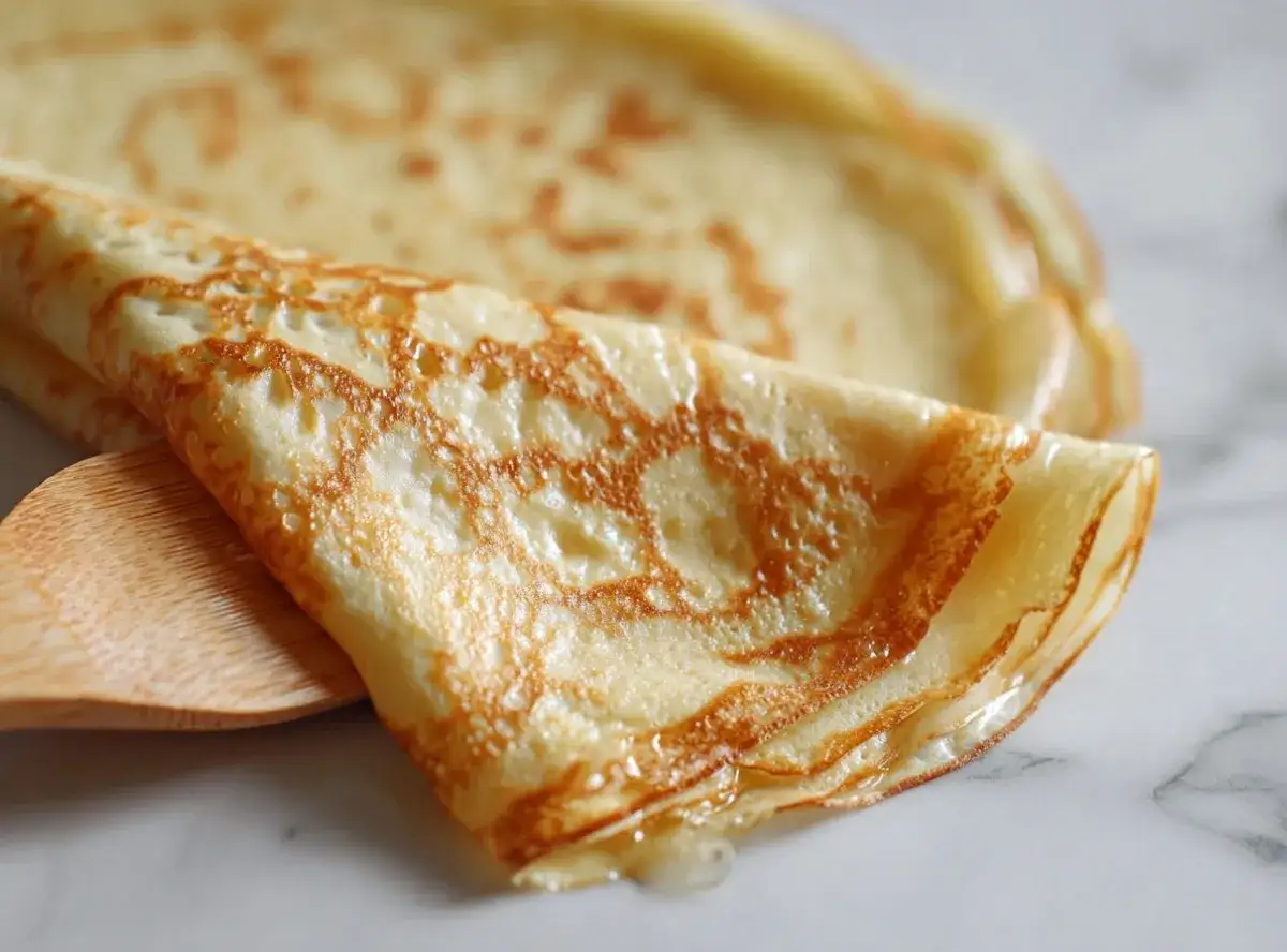 Cr&ecirc;pes dor&eacute;es, pli&eacute;es sur une spatule en bois. Une recette cr&ecirc;pe 2 &oelig;ufs facile pour un go&ucirc;ter gourmand.