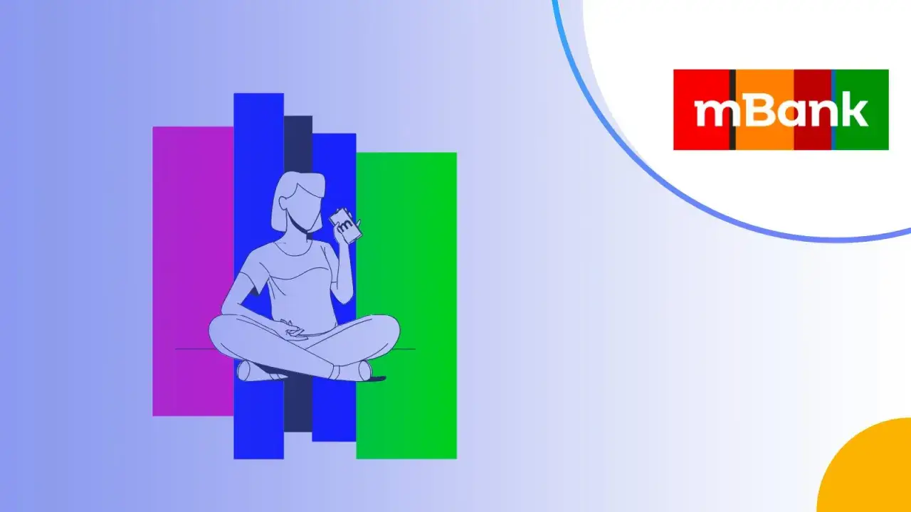 Ilustracja pokazuje, jak działa konto oszczędnościowe mBank. Osoba siedzi w pozie medytacyjnej, trzymając telefon, na tle kolorowych prostokątów.