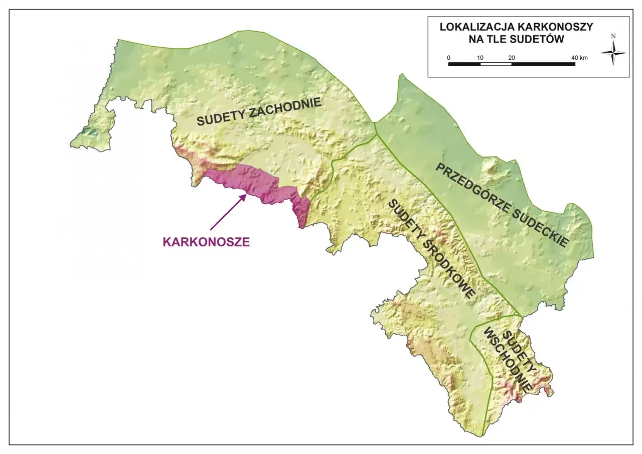 Mapa pokazuje lokalizację Karkonoszy na tle Sudetów, podzielonych na Sudety Zachodnie, Środkowe i Wschodnie.