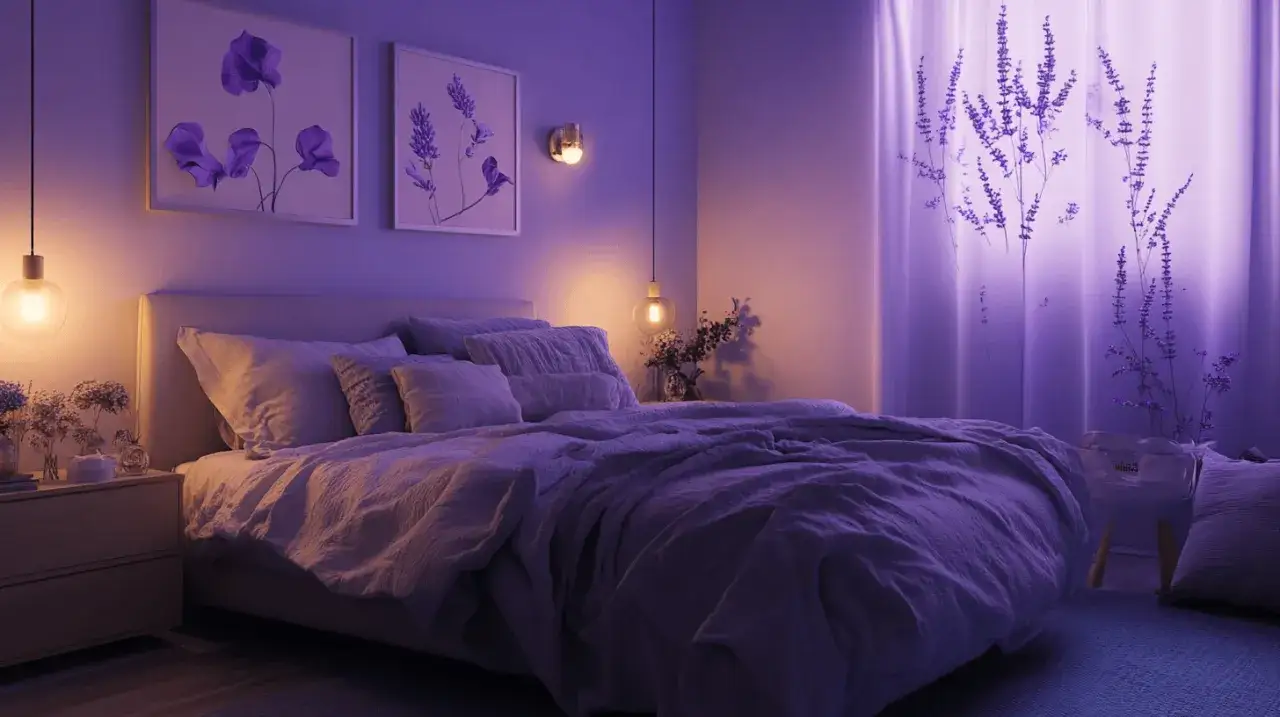 Gemütliches Schlafzimmer mit lila Akzenten, Kunstwerken von Blumen und einem Hauch von Lavendel im Licht.