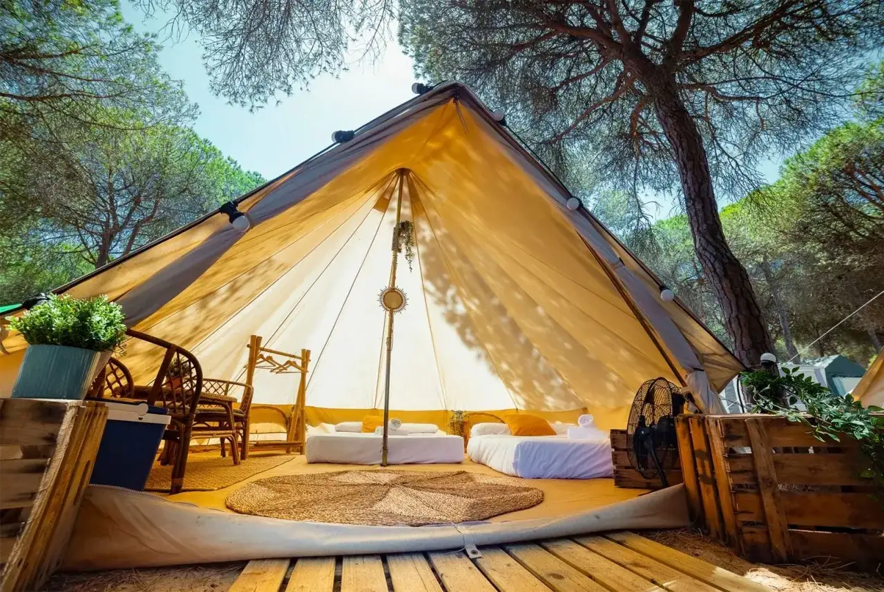 Tienda de campaña lista para una acampada al aire libre, con camas, sillas y un ventilador.