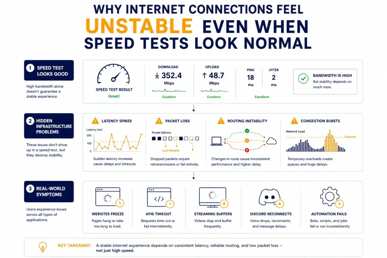 Jak sprawdzić stabilność internetu? Infografika pokazuje, że wysoka przepustowość to nie wszystko. Problemy z opóźnieniami, utratą pakietów czy niestabilnością routingu wpływają na jakość połączenia.