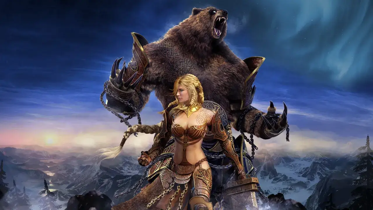 Wojowniczka z blond warkoczem i zbroi, obok niej potężny niedźwiedź z łańcuchami. Zapowiedź Guild Wars 3.