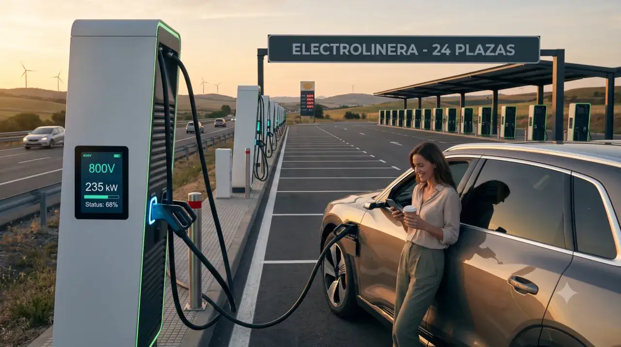 Una mujer sonríe mientras carga su coche eléctrico en una electrolinera. Averigua cuanto cuesta cargar un coche eléctrico en una gasolinera.