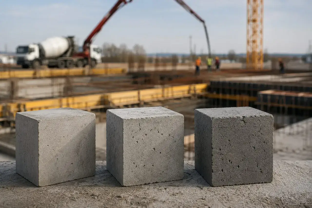 Trzy betonowe kostki, symbolizujące beton C30/37 proporcje, na budowie. W tle gruszka i dźwig.
