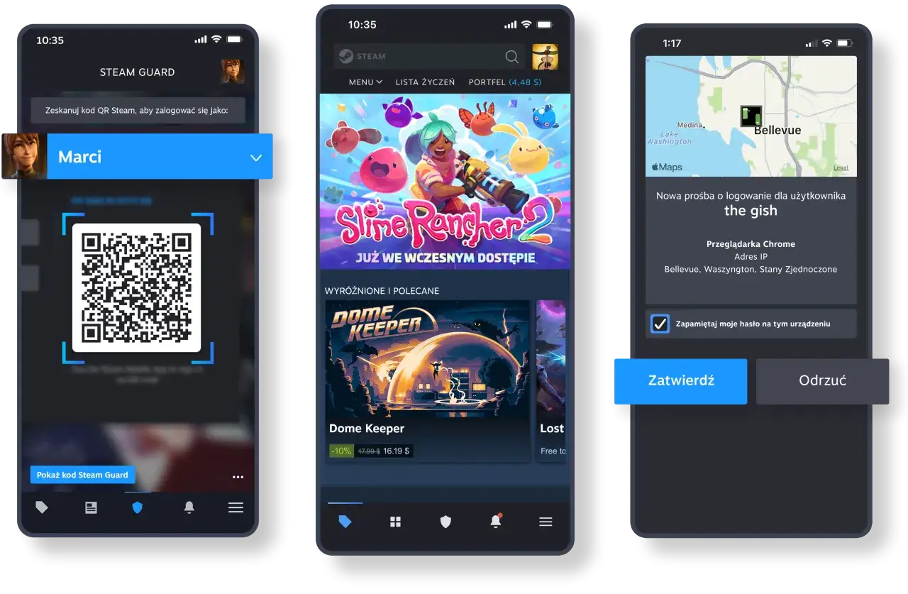 Trzy ekrany telefonu pokazują aplikację Steam. Jeden z nich wyświetla kod QR do logowania, drugi gry, a trzeci prośbę o logowanie. To pokazuje, co to jest konto Steam.