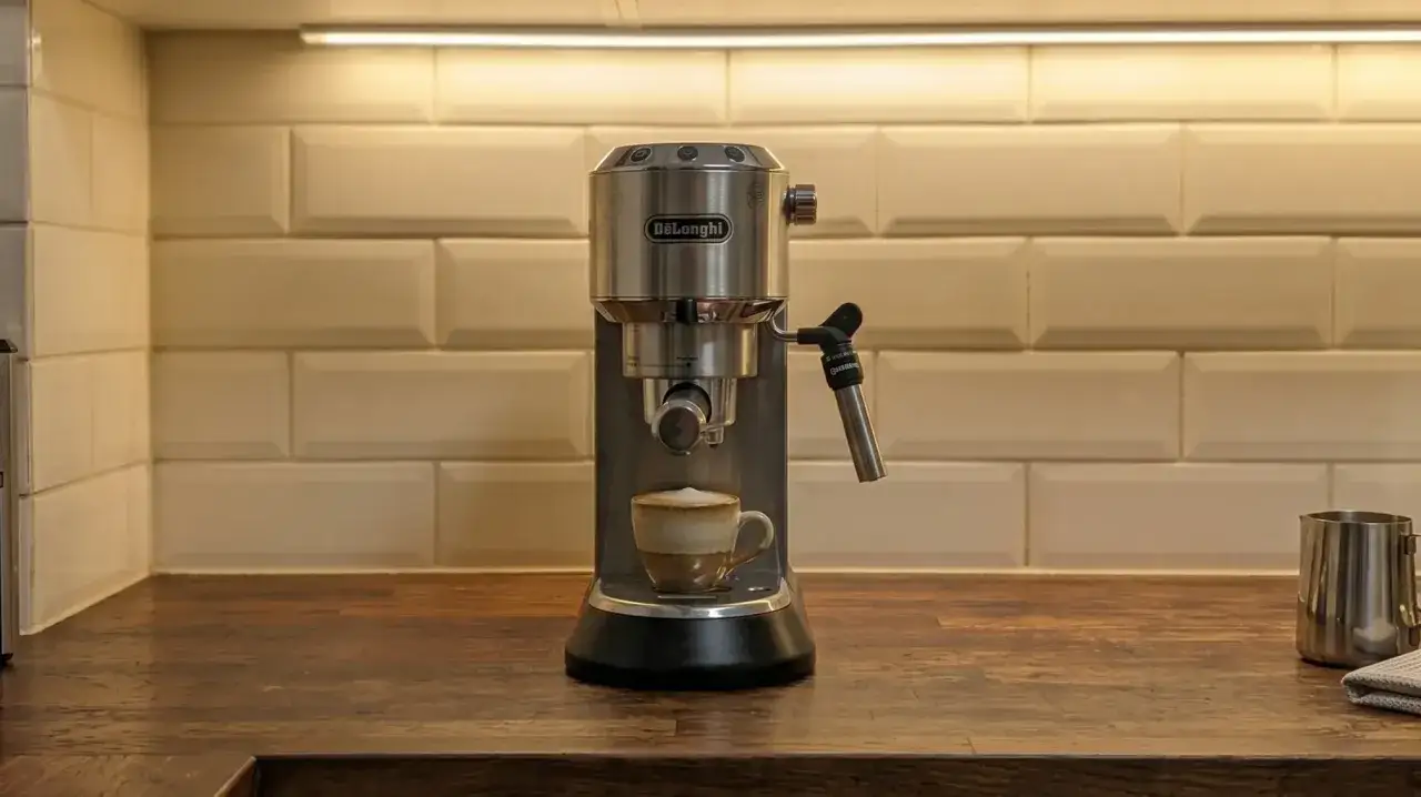 Ekspres DeLonghi z filiżanką kawy. Dowiedz się, jak odkamienić ekspres DeLonghi, by cieszyć się idealnym smakiem.
