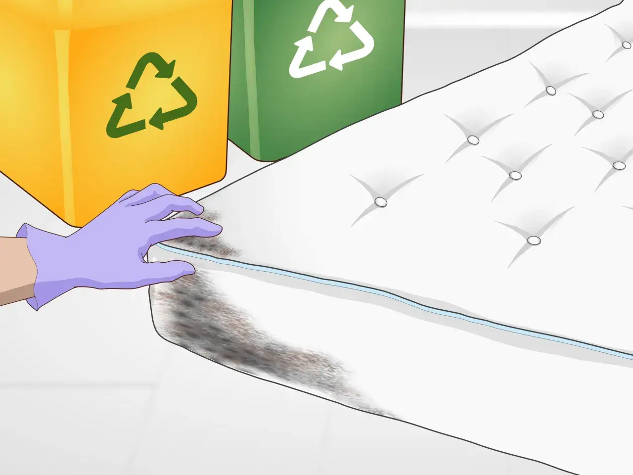 A gloved hand inspects a moldy spot on a mattress. Learn how to dry a wet spot on a mattress to prevent this.