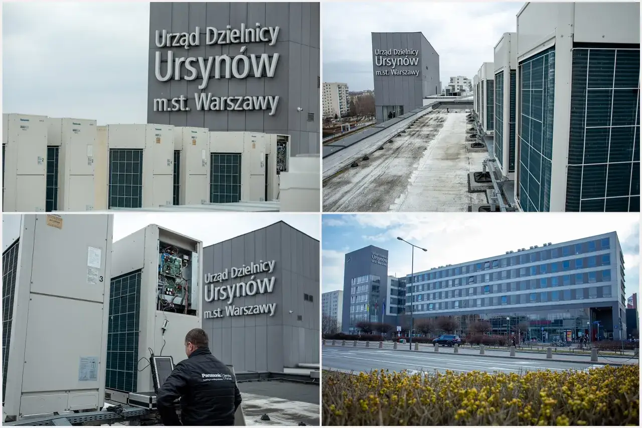 Na dachu Urzędu Dzielnicy Ursynów w Warszawie zainstalowano system VRF klimatyzacji. Widać szereg jednostek zewnętrznych i technika pracującego przy jednej z nich.
