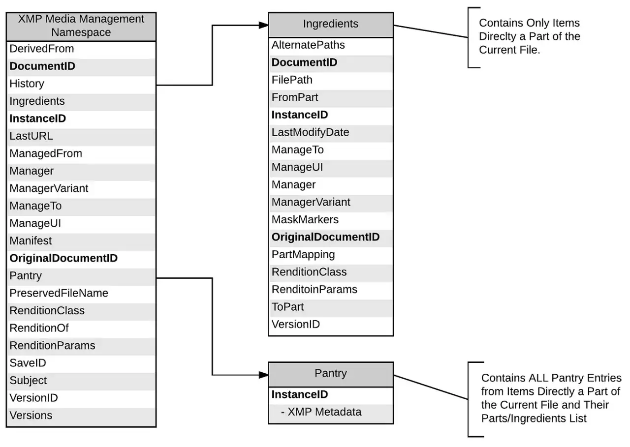 Diagram przedstawia strukturę XMP Media Management Namespace, z polami takimi jak DocumentID, InstanceID i OriginalDocumentID, powiązanymi z Ingredients i Pantry.