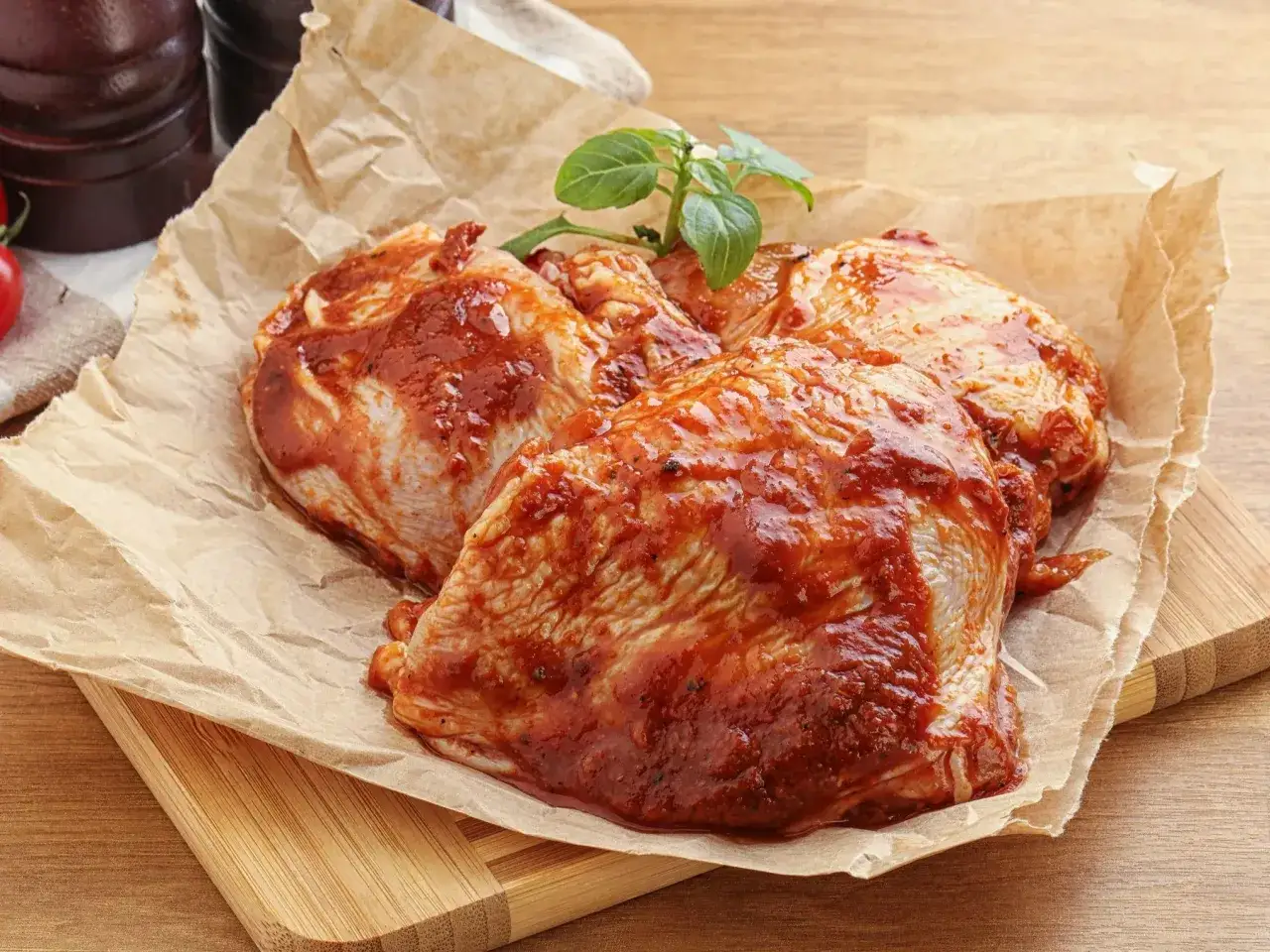 Kilka soczystych, marynowanych w sosie barbecue nóg z kurczaka, gotowych do pieczenia.