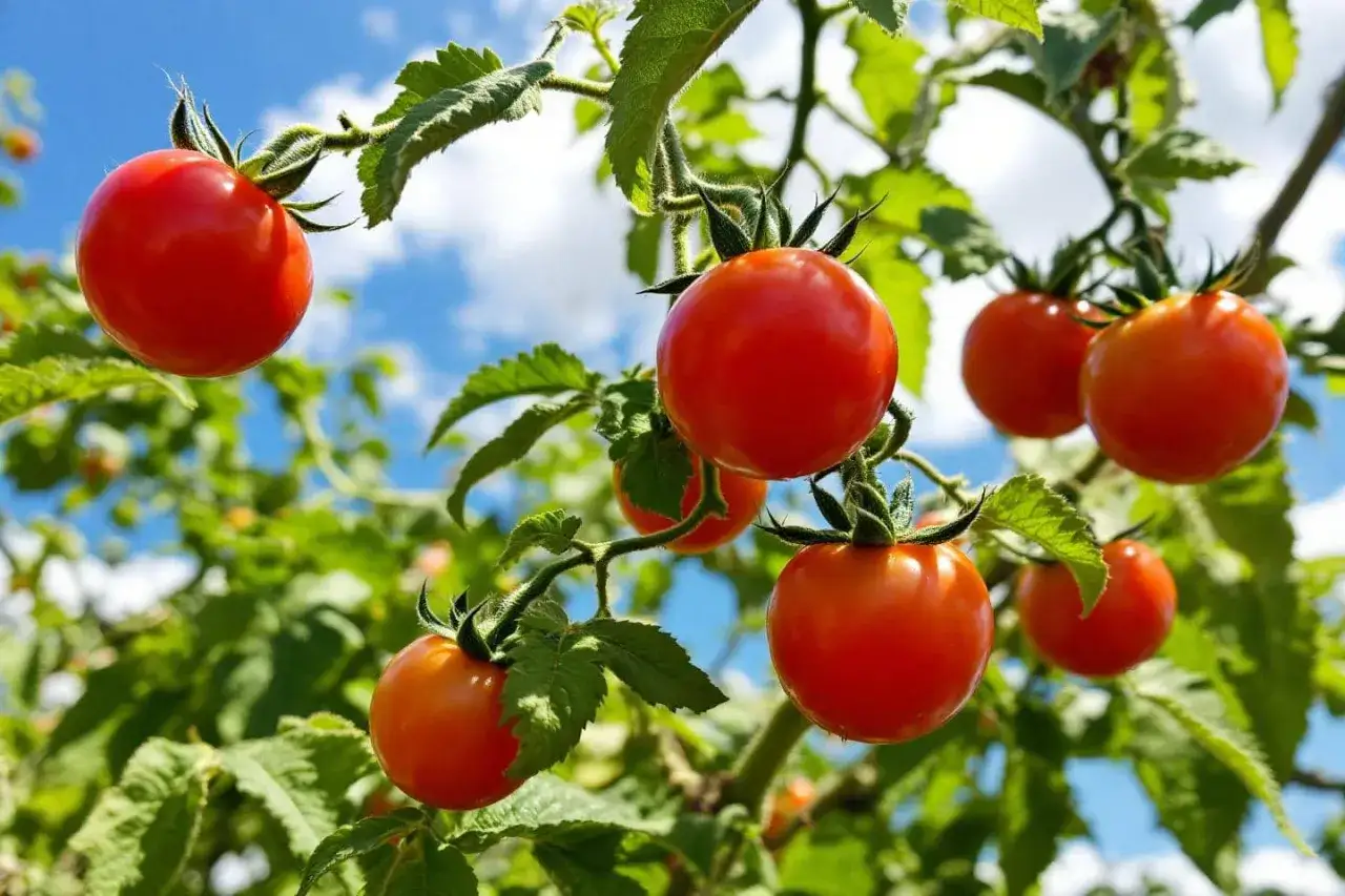 Tomates cerises rouges et brillantes sur leur pied, sous un ciel bleu. Ces fruits, protégés par un traitement comme le nordox ou la bouillie bordelaise, promettent une belle récolte.