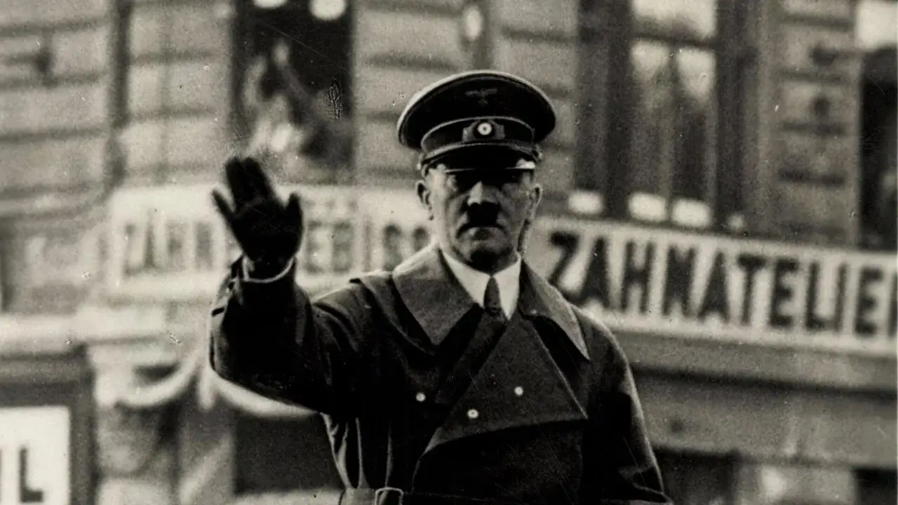 Adolf Hitler winkt. Er trug eine Uniform und einen Hut. Hinter ihm ist eine Tafel mit der Aufschrift
