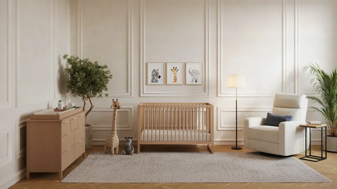 A serene modern nursery theme with a wooden crib, changing table, plush giraffes, and framed animal art.