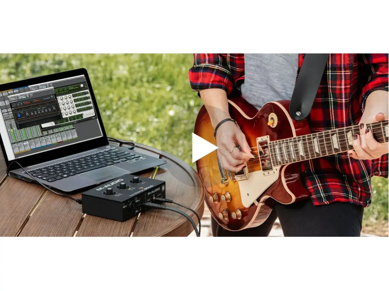 Jak podłączyć gitarę do PC? Laptop, interfejs audio M-Audio i gitara elektryczna na drewnianym stole.