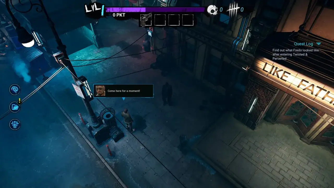 Mroczne miasto, neonowe światła i dialog w grze, która przypomina gry podobne do cyberpunk.