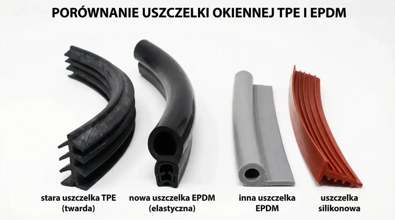 Porównanie uszczelek okiennych: stara TPE, nowa EPDM, inna EPDM i silikonowa. Dowiedz się, co ile wymieniać uszczelki w oknach, by zapewnić szczelność.