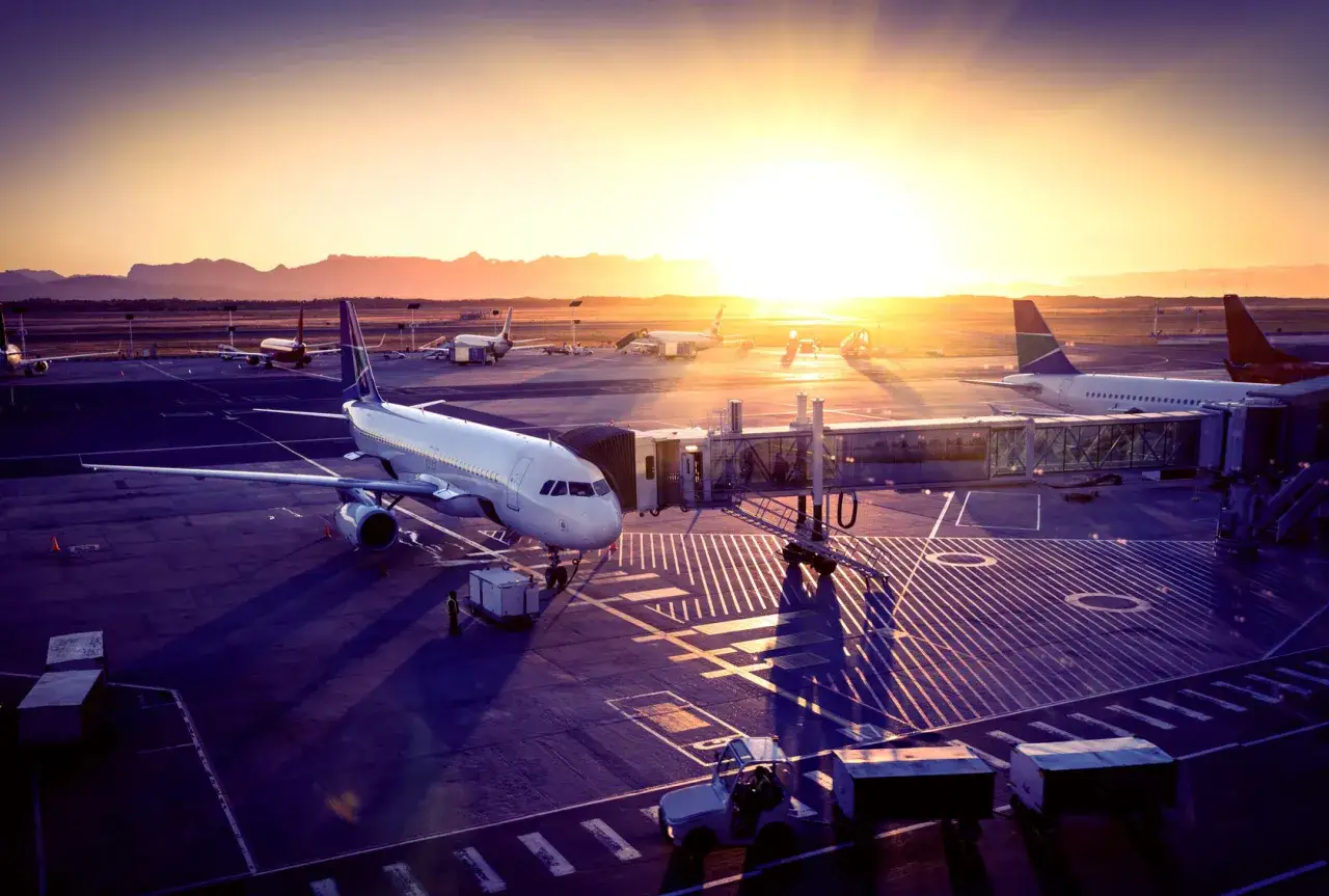 Flug buchen tipps: Flugzeuge am Flughafen im Sonnenuntergang. Ein Flugzeug steht bereit, um Passagiere aufzunehmen.